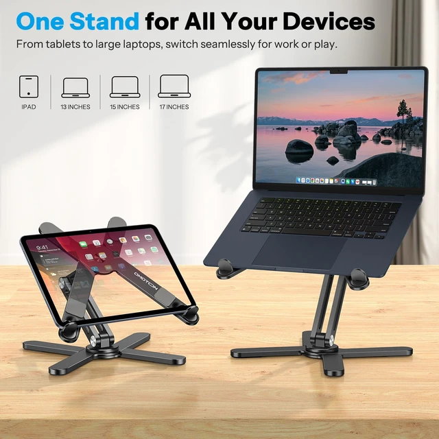 Alt view image 6 of 7 - OMOTON LA10 360° Rotating Laptop Stand Riser Foldable for Desk, Black | Aluminium Aolly, Tool-free Adjustable Height Angles, Collaborative Work, Easy Storage, Fits 11"-17" MacBook Pro/Air, Dell, HP