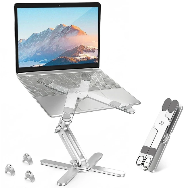 Main image of N86 360 Rotating Laptop Stand for Desk with Locking Knobs, Silver | Aluminum Ergonomic Riser, Adjustable Height & Angle for Collaborative Work, Foldable, Fits MacBook & Laptops up to 16 Inches