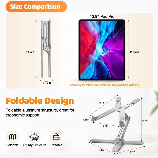 Alt view image 3 of 7 - N86 360 Rotating Laptop Stand for Desk with Locking Knobs, Silver | Aluminum Ergonomic Riser, Adjustable Height & Angle for Collaborative Work, Foldable, Fits MacBook & Laptops up to 16 Inches