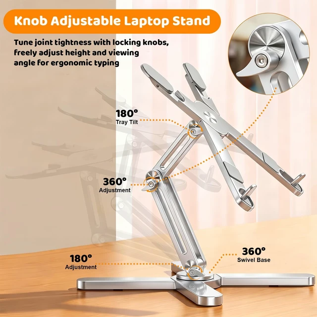 Alt view image 4 of 7 - N86 360 Rotating Laptop Stand for Desk with Locking Knobs, Silver | Aluminum Ergonomic Riser, Adjustable Height & Angle for Collaborative Work, Foldable, Fits MacBook & Laptops up to 16 Inches
