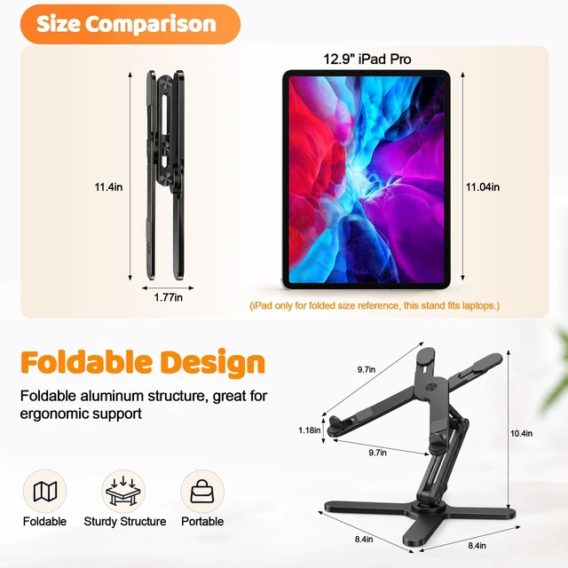 Alt view image 3 of 7 - N86 360 Rotating Laptop Stand for Desk with Locking Knobs, Black | Aluminum Ergonomic Riser, Adjustable Height & Angle for Collaborative Work, Foldable, Fits MacBook & Laptops up to 16 Inches