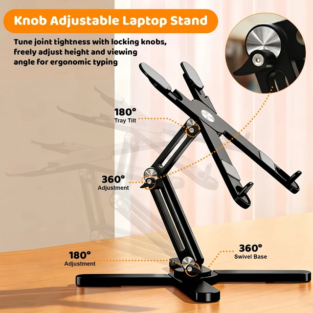 Alt view image 4 of 7 - N86 360 Rotating Laptop Stand for Desk with Locking Knobs, Black | Aluminum Ergonomic Riser, Adjustable Height & Angle for Collaborative Work, Foldable, Fits MacBook & Laptops up to 16 Inches