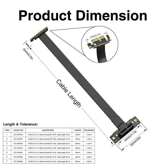 Alt view image 5 of 7 - PCIe 3.0 x1 Riser Cable, Male 90° to Female 90° EMI-Shielded GPU Jumper Cable for Graphics Cards, 20cm/0.66ft
