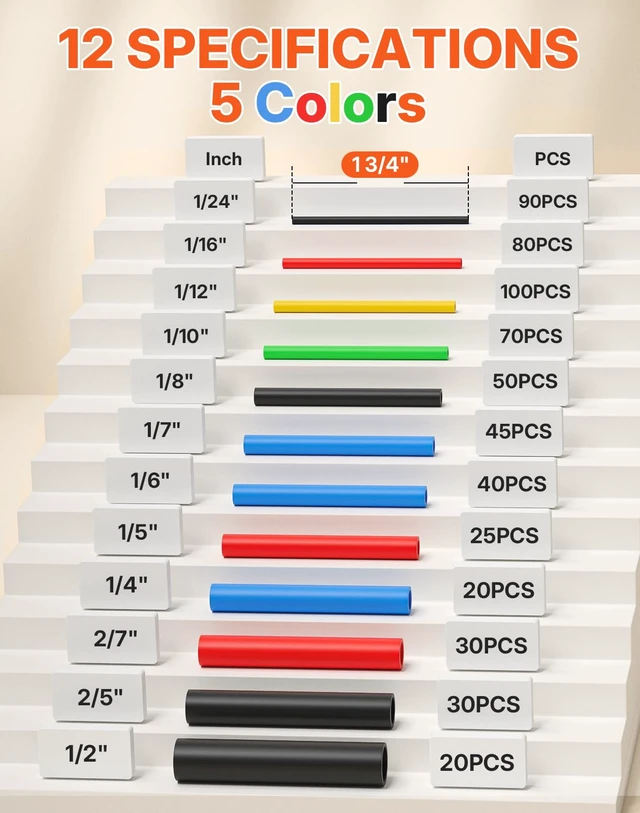 Alt view image 2 of 7 - 600PCS Heat Shrink Tubing Kit 2:1 Assorted Sizes Wire Shrink Wrap Tubing | 5 Colors 12 Sizes, Easy To Use, Fast Shrink, Industrial Electrical Wire Cable Wrap Assortment Electric Insulation