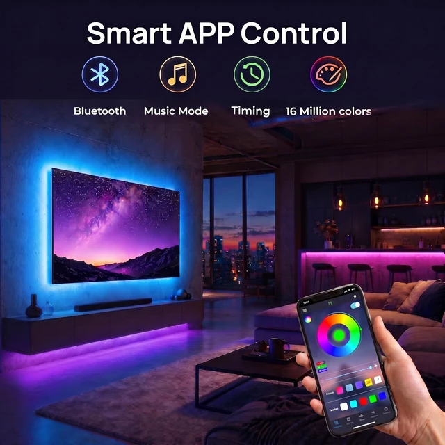 Alt view image 7 of 7 - LED Lights for TV, 9.8ft RGB TV Backlight for 32-43 inch TVs, TV LED Backlight with Music Sync Color Changing, Smart APP and Button Control, USB LED Light Strip Powered for Bedroom, Gaming