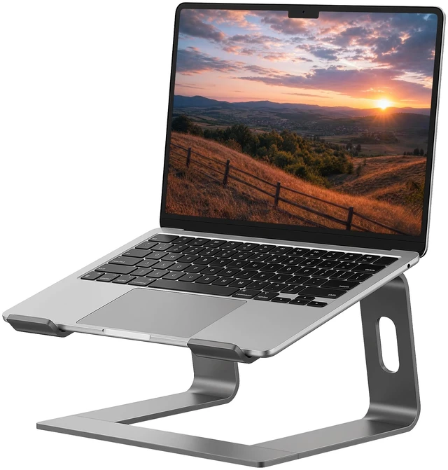 Main image of Laptop Stand, Aluminum Ergonomic Desk Riser, 10-15.6", Grey | Aluminum Computer Stand, 6" Elevation, Open Cooling, Supports Up to 8.8 lbs, Detachable 3-Piece, Office Desk Accessories