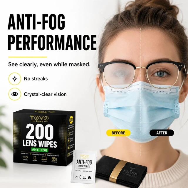 Alt view image 2 of 7 - Lens Wipes for Eyeglasses, 200 Individually Wrapped Eyeglass Cleaning Wipes, Anti-Fog Streak-Free Glasses Cleaner Wipes for Sunglasses, Screens, Camera Lenses + Microfiber Cloth