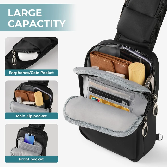 Alt view image 5 of 7 - Sling Bag, Crossbody Bag with Anti-Theft Lock Zipper, RFID Blocking & Water Resistant for Travel Work Sport (Black)