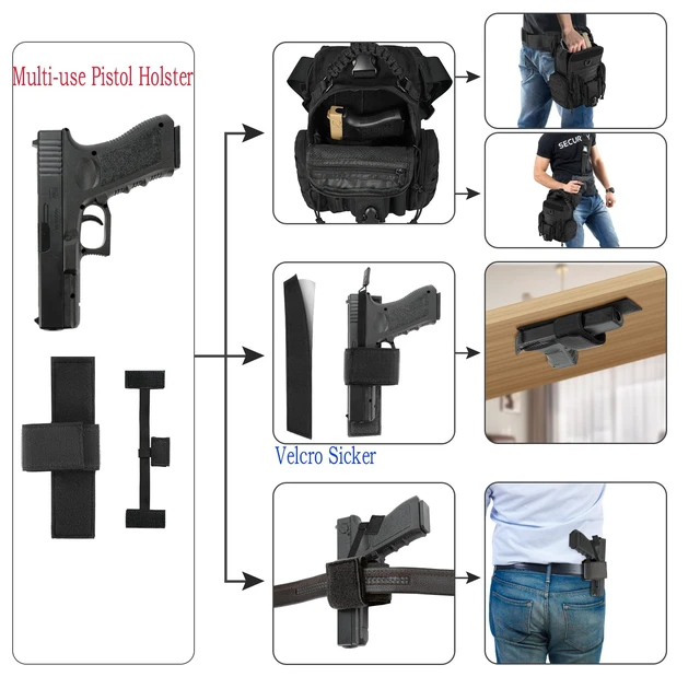 Alt view image 4 of 6 - Military Tactical Drop Thigh Pouch Bag Cross Over Leg Concealed Carry Leg Convertible Shoulder Bag with Double Removable Pistol Holster