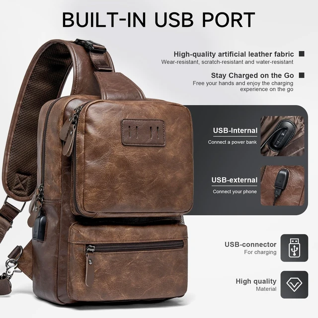 Alt view image 4 of 7 - EDC Crossbody Bag for Men Leather Sling Bag, Tactical Chest Bag with USB Charging Port, 7L Small Casual Daypacks for Travel
