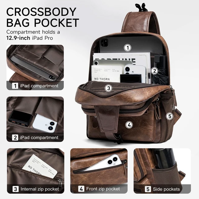 Alt view image 3 of 7 - EDC Crossbody Bag for Men Leather Sling Bag, Tactical Chest Bag with USB Charging Port, 7L Small Casual Daypacks for Travel