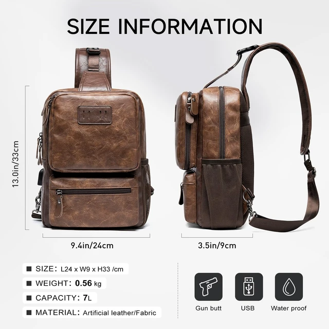 Alt view image 7 of 7 - EDC Crossbody Bag for Men Leather Sling Bag, Tactical Chest Bag with USB Charging Port, 7L Small Casual Daypacks for Travel