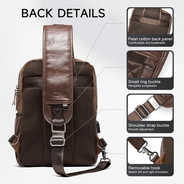 Alt view image 6 of 7 - EDC Crossbody Bag for Men Leather Sling Bag, Tactical Chest Bag with USB Charging Port, 7L Small Casual Daypacks for Travel