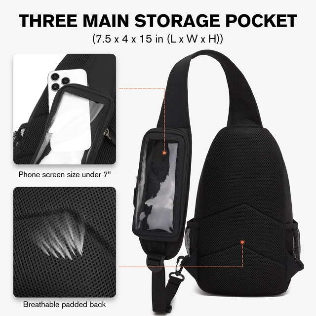 Alt view image 3 of 7 - Crossbody Sling Backpack with Touch Screen Phone Pocket, Chest Bag for Commuting and Daily Use