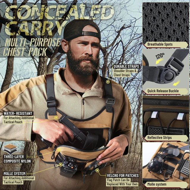Alt view image 3 of 6 - Chest Bag for Men Women, Tactical Chest Rig Holster, EDC Chest Pack | Lightweight No Bounce Chest Holster for CCW EDC Tactical Use Secure Fit for Running Hiking Motorcycle Outdoor