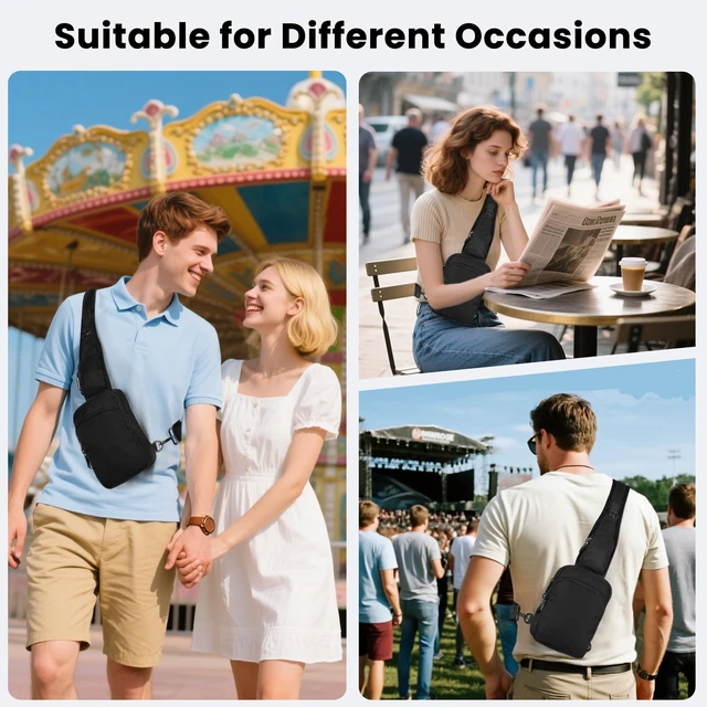 Alt view image 2 of 7 - Sling Bag, Crossbody Bag with Zipper Lock, RFID & Water Resistant for Women Men Small Chest Bags for Travel (Black)