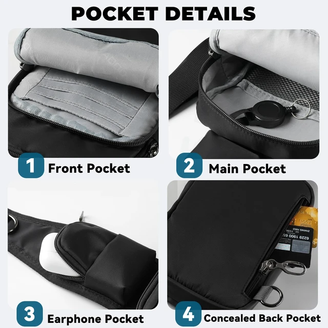 Alt view image 6 of 7 - Sling Bag, Crossbody Bag with Zipper Lock, RFID & Water Resistant for Women Men Small Chest Bags for Travel (Black)
