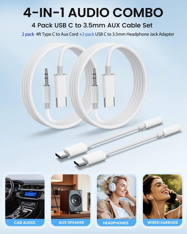 Alt view image 2 of 7 - USB C to 3.5mm AUX Cable Set, 4 Pack, AUX to USB C Cord & Adapter | 2 AUX cords + 2 DAC audio dongles, USB C to AUX,Compatible with iPhone 17/16/15, Samsung Galaxy S25, Car Stereo & Headphones