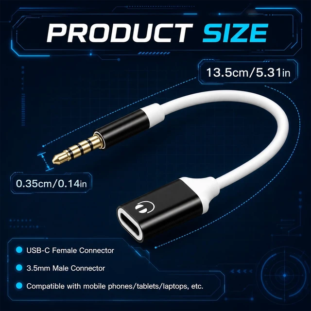 Alt view image 2 of 7 - Headphone Jack Adapter, 3.5mm Male to USB-C Female Audio Adapter, Type-C to Aux Dongle for MP3 Players, CD Players, Laptops, Tablets, Smartphones, and Accessories (Black/White)