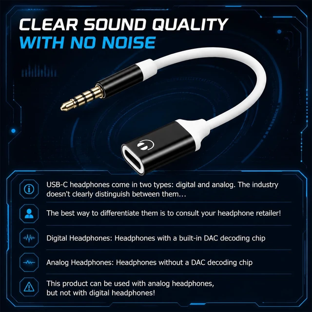 Alt view image 3 of 7 - Headphone Jack Adapter, 3.5mm Male to USB-C Female Audio Adapter, Type-C to Aux Dongle for MP3 Players, CD Players, Laptops, Tablets, Smartphones, and Accessories (Black/White)