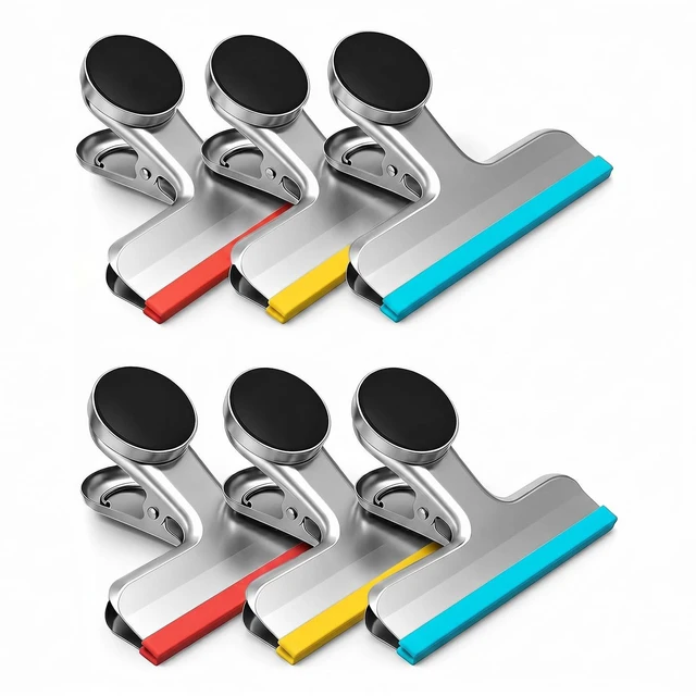 Main image of Magnetic Chip Clips, Stainless Steel Chip Bag Clips with Strong Magnet and Silicone Cover, Heavy Duty Food Bag Clip for Kitchen Storage, 6 Pack Color Coded, 3 Inch