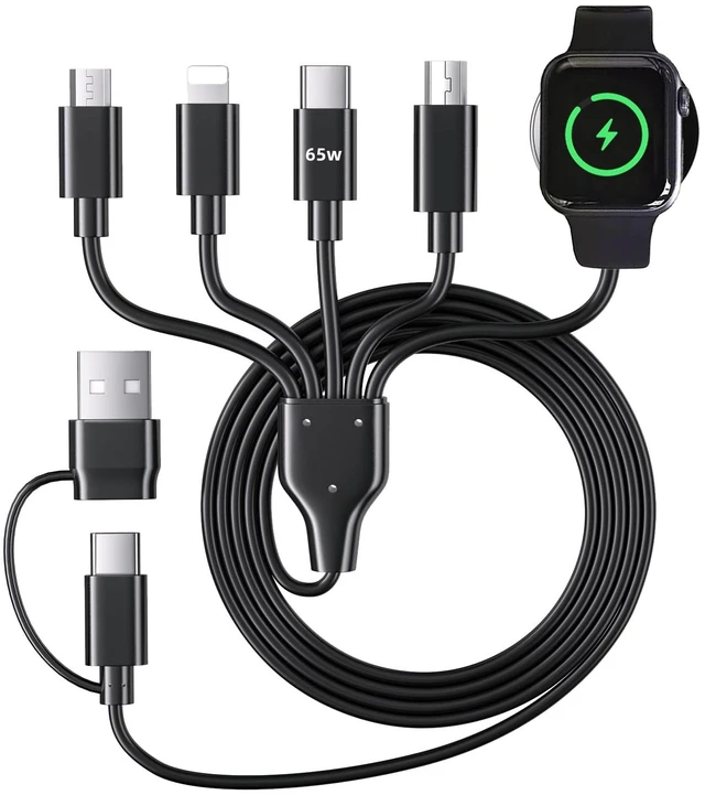 Main image of 5-in-2 (65W) Multi Charging Cable with iWatch Charger : USB A/C Input, Type C/IP/Micro USB/Mini B Cable Cord for iWatch Ultra/SE/10-1/iPhone 17-11/Galaxy S25-S20/Garmin GPS-Black, 4FT