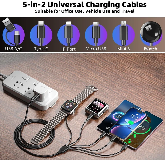 Alt view image 6 of 7 - 5-in-2 (65W) Multi Charging Cable with iWatch Charger : USB A/C Input, Type C/IP/Micro USB/Mini B Cable Cord for iWatch Ultra/SE/10-1/iPhone 17-11/Galaxy S25-S20/Garmin GPS-Black, 4FT