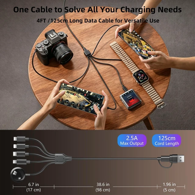 Alt view image 7 of 7 - 5-in-2 (65W) Multi Charging Cable with iWatch Charger : USB A/C Input, Type C/IP/Micro USB/Mini B Cable Cord for iWatch Ultra/SE/10-1/iPhone 17-11/Galaxy S25-S20/Garmin GPS-Black, 4FT