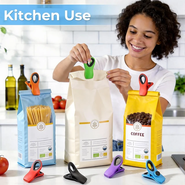 Alt view image 7 of 7 - 12 Pack Magnetic Chip Clips for Food Packages, Kitchen Clips with Magnet for Refrigerator, Plastic Assorted Colors for Food Storage