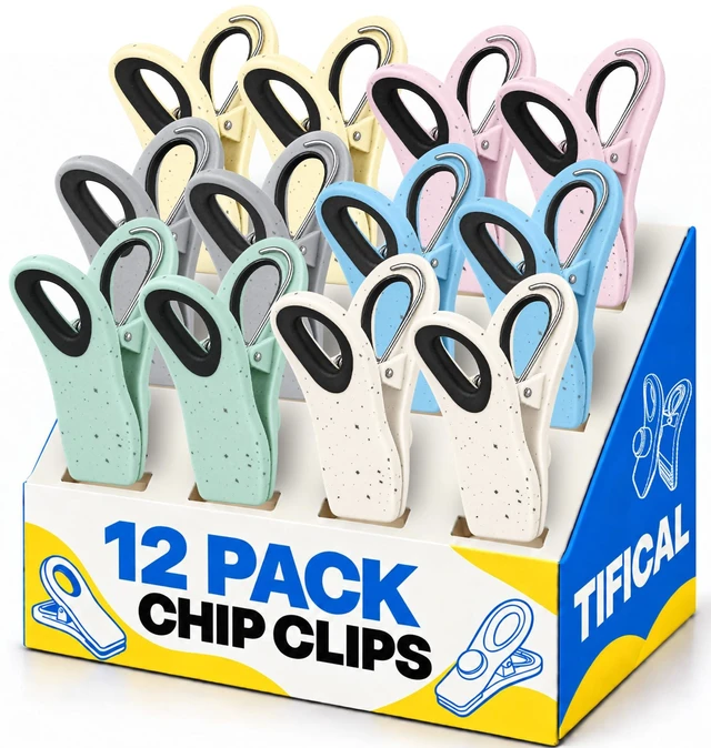 Main image of 12 Pack Chip Clips for Bags, Magnetic Bag Clips for Food Storage | Food Clip for Pantry, Kitchen & Refrigerator, Heavy Duty Plastic Bag Clips for Chips, Cereal & Bread Bags, Pastel Colors