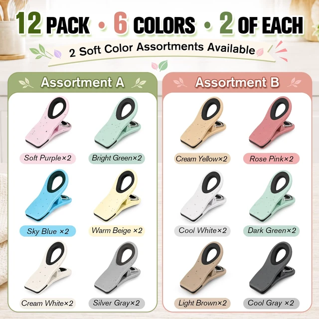 Alt view image 2 of 7 - 12 Pack Chip Clips for Bags, Magnetic Bag Clips for Food Storage | Food Clip for Pantry, Kitchen & Refrigerator, Heavy Duty Plastic Bag Clips for Chips, Cereal & Bread Bags, Pastel Colors