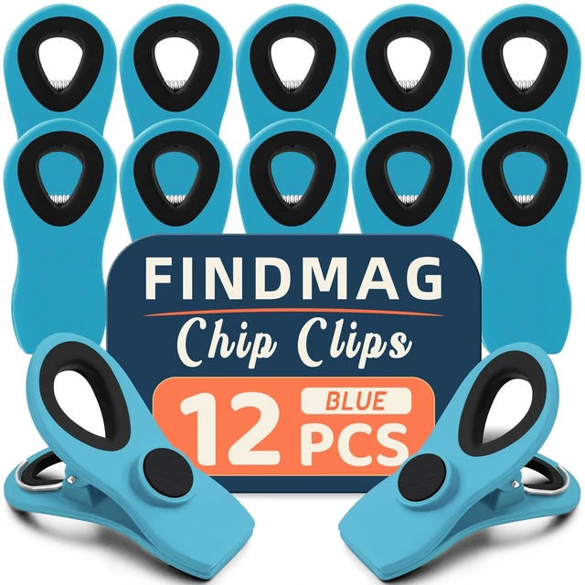 Main image of 12 Pack Chip Clips, Blue Magnetic Clips for Food, Snack Storage | Heavy Duty Chip Clips for Office, Kitchen, Refrigerator, Snack, RV Accessories, Bread, Airtight Seal Grip, Strong Hold