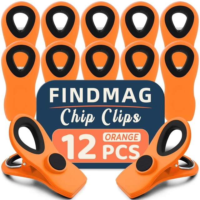 Main image of 12 Pack Chip Clips, Magnetic Chip Bag Clips for Kitchen, Orange | Food Clips for Bags with Airtight Seal Grip and Firm Grip, Ideal for Kitchen Food and Snack, Fridge, Garden and Office Use