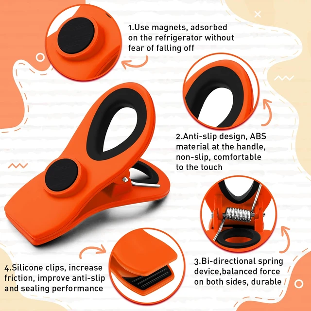 Alt view image 2 of 6 - 12 Pack Chip Clips, Magnetic Chip Bag Clips for Kitchen, Orange | Food Clips for Bags with Airtight Seal Grip and Firm Grip, Ideal for Kitchen Food and Snack, Fridge, Garden and Office Use