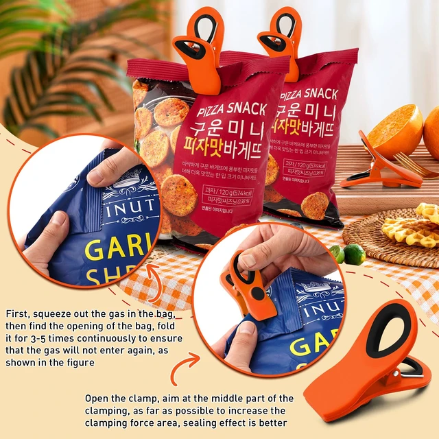 Alt view image 4 of 6 - 12 Pack Chip Clips, Magnetic Chip Bag Clips for Kitchen, Orange | Food Clips for Bags with Airtight Seal Grip and Firm Grip, Ideal for Kitchen Food and Snack, Fridge, Garden and Office Use