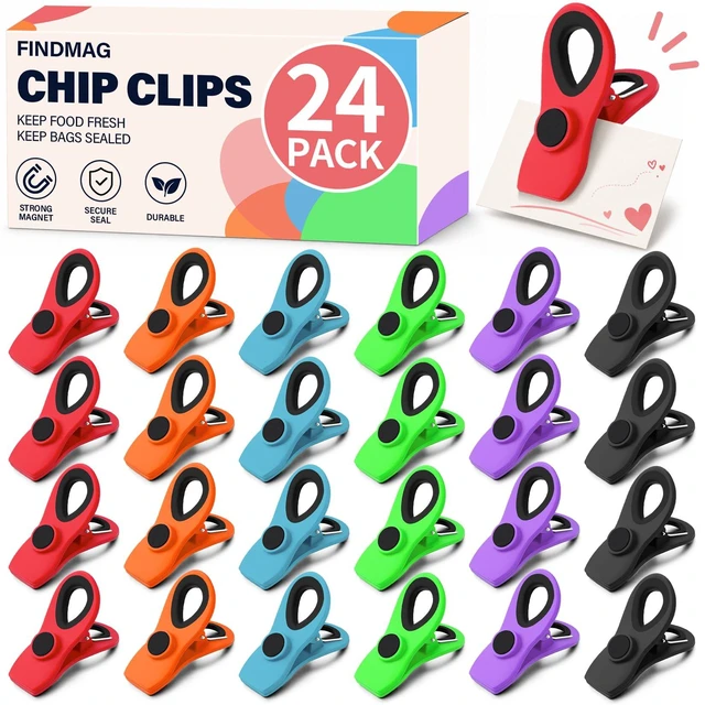 Main image of 24 Pack Multicolor Chip Clips, Bag Clips for Food Storage | Magnetic Clips Heavy Duty with Airtight Seal Grip, Reusable for Kitchen Food, Snack, Refrigerator, Office, RV Accessories