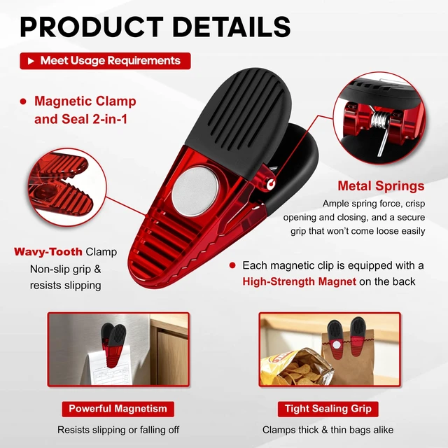 Alt view image 2 of 7 - Magnetic Chip Clips, 8 Pack Heavy Duty Fridge Clips for Food Bags | Nonslip rubber teeth & strong spring for tight sealing. Durable plastic clips stick to fridge to organize snack bags