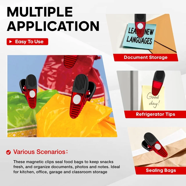 Alt view image 7 of 7 - Magnetic Chip Clips, 8 Pack Heavy Duty Fridge Clips for Food Bags | Nonslip rubber teeth & strong spring for tight sealing. Durable plastic clips stick to fridge to organize snack bags