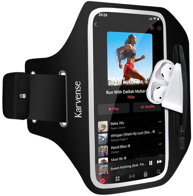 Main image of Running Phone Holder, Arm Band for Running for iPhone & Samsung Galaxy, Cell Phone Armband Holder for Walking, Gym, Workout, Men, Women, w/Adjustable Strap & Zipper Pocket (Black-L)