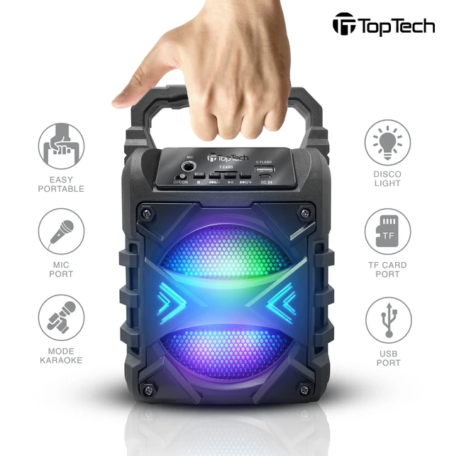 Alt view image 3 of 5 - Top Tech Jet-4 Bluetooth Speaker, 400W, 4" Woofer, Rich Bass, 6hr Playtime, Disco Lights, Karaoke Mode, TWS, 100ft Range, USB, TF, Mic Input, Portable Speaker (Black)