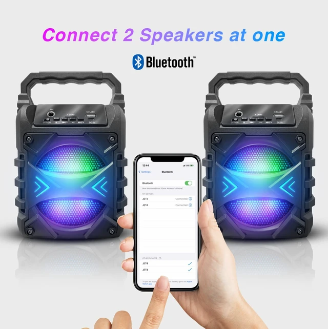 Alt view image 5 of 5 - Top Tech Jet-4 Bluetooth Speaker, 400W, 4" Woofer, Rich Bass, 6hr Playtime, Disco Lights, Karaoke Mode, TWS, 100ft Range, USB, TF, Mic Input, Portable Speaker (Black)