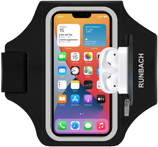 Main image of Armband for iPhone 17/17 Pro/16/16 Pro/15/15 Pro/14/14 Pro/13/13 Pro/13 Mini/12/12 Pro/12 Mini/11/11 Pro/XR/XS/X/SE,Water Resistant Armband with Zipper Slot for Airpods and Car Key (Black)