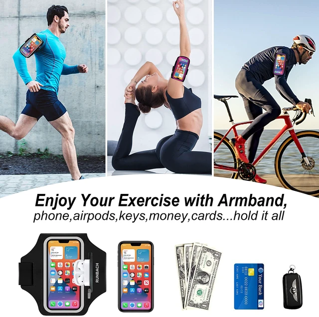 Alt view image 4 of 7 - Armband for iPhone 17/17 Pro/16/16 Pro/15/15 Pro/14/14 Pro/13/13 Pro/13 Mini/12/12 Pro/12 Mini/11/11 Pro/XR/XS/X/SE,Water Resistant Armband with Zipper Slot for Airpods and Car Key (Black)