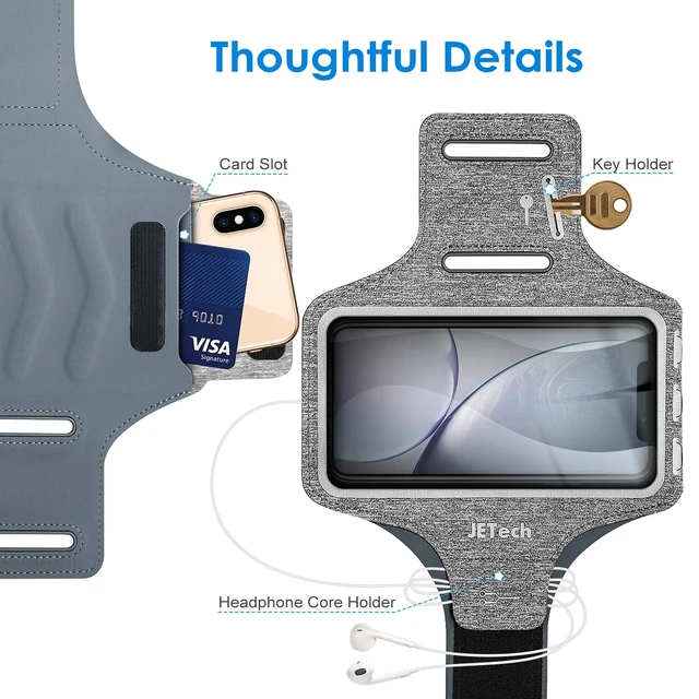 Alt view image 4 of 7 - Phone Armband Holder with Key Holder and Card Slot for Phone Upto 6.2 inch, iPhone 16e/16/15 Pro/15/14 Pro/14/13 Pro/13, Galaxy S23/S22, Pixel 8a, Water Resistant, Adjustable Band (Grey)