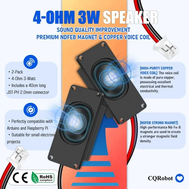 Alt view image 2 of 5 - Enclosed Speakers 3 Watt RMS 4 Ohm for Arduino 70mm (L)×31mm (W) | Front-Firing, JST PH2.0 2-Pin Lead Wires, Rectangular, 4 Corner Mounting Holes, for Electronic DIY Projects, 1 Pair (V2)