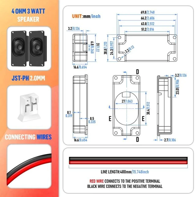 Alt view image 3 of 5 - Enclosed Speakers 3 Watt RMS 4 Ohm for Arduino 70mm (L)×31mm (W) | Front-Firing, JST PH2.0 2-Pin Lead Wires, Rectangular, 4 Corner Mounting Holes, for Electronic DIY Projects, 1 Pair (V2)