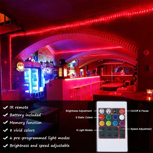 Alt view image 3 of 6 - 16.4ft RGB Strip Light Remote ETL Waterproof | 8 colors + multiple modes. Connectable up to 12 strips. 50,000hr lifespan. Indoor/outdoor for home, patio, Christmas.