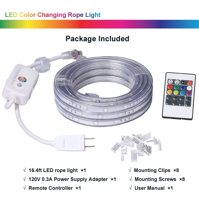 Alt view image 6 of 6 - 16.4ft RGB Strip Light Remote ETL Waterproof | 8 colors + multiple modes. Connectable up to 12 strips. 50,000hr lifespan. Indoor/outdoor for home, patio, Christmas.