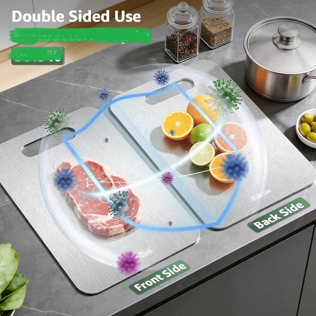 Alt view image 3 of 7 - Stainless Steel Cutting Board for Kitchen, 13.4" x 9" Food Safe Metal Chopping Board, Dishwasher Safe, Double Sided Odorless, Cutting Boards for Meat Veggies Camping, Medium
