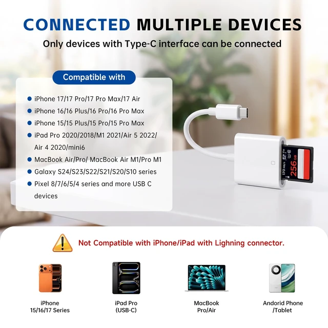 Alt view image 5 of 7 - USB C SD Card Reader, Digital Camera Adapter iPhone 18, Trail Camera SD Card Reader USB C Memory Card Reader for iPhone 17/16/15/iPad/MacBook/iMac/Galaxy/Android